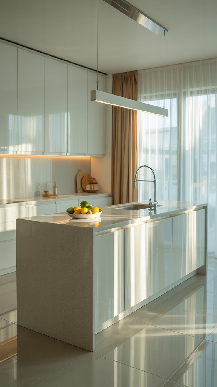 Modern kitchen with sleek lighting and minimalist design