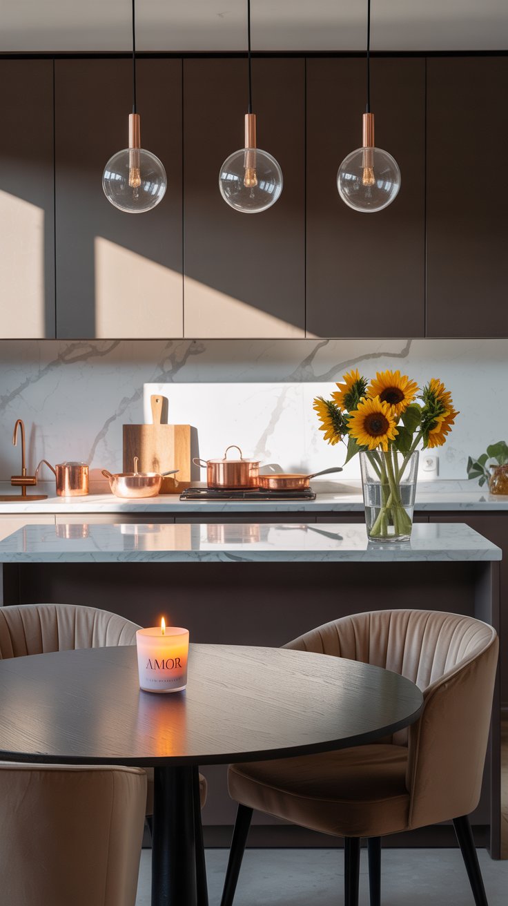 Modern Kitchen with Pendant Lighting and Sunflowers