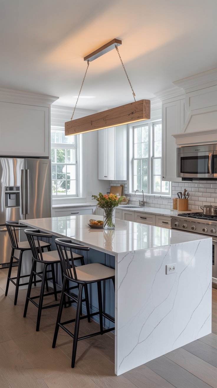 Modern Kitchen with Marble Island and Wooden Beam Light