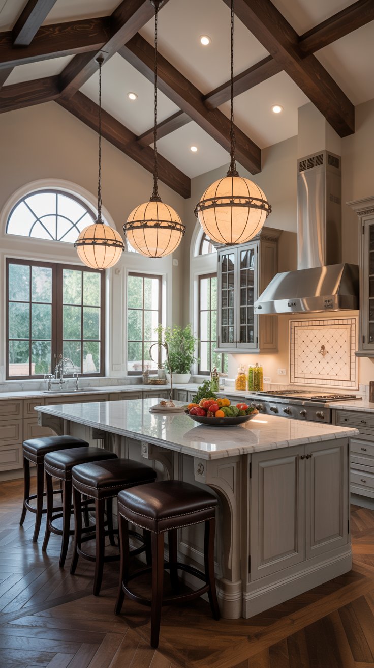 Kitchen with globe lighting and island