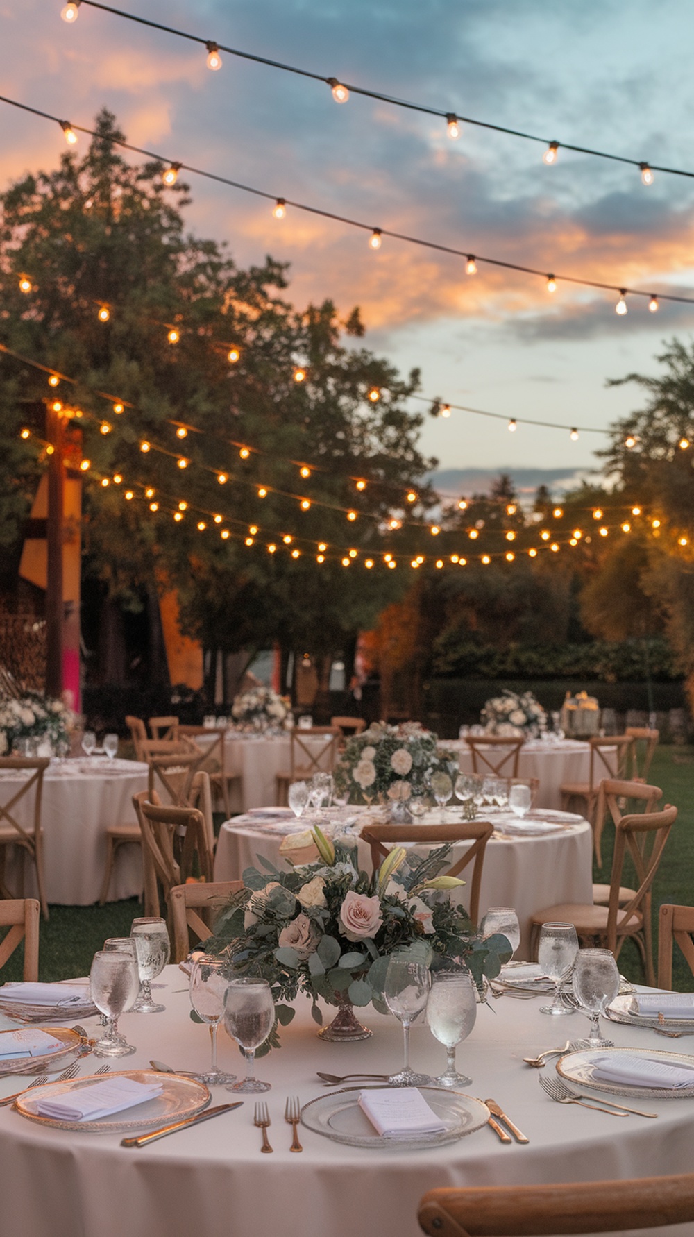 Outdoor wedding setup with string lights, tables, and floral arrangements