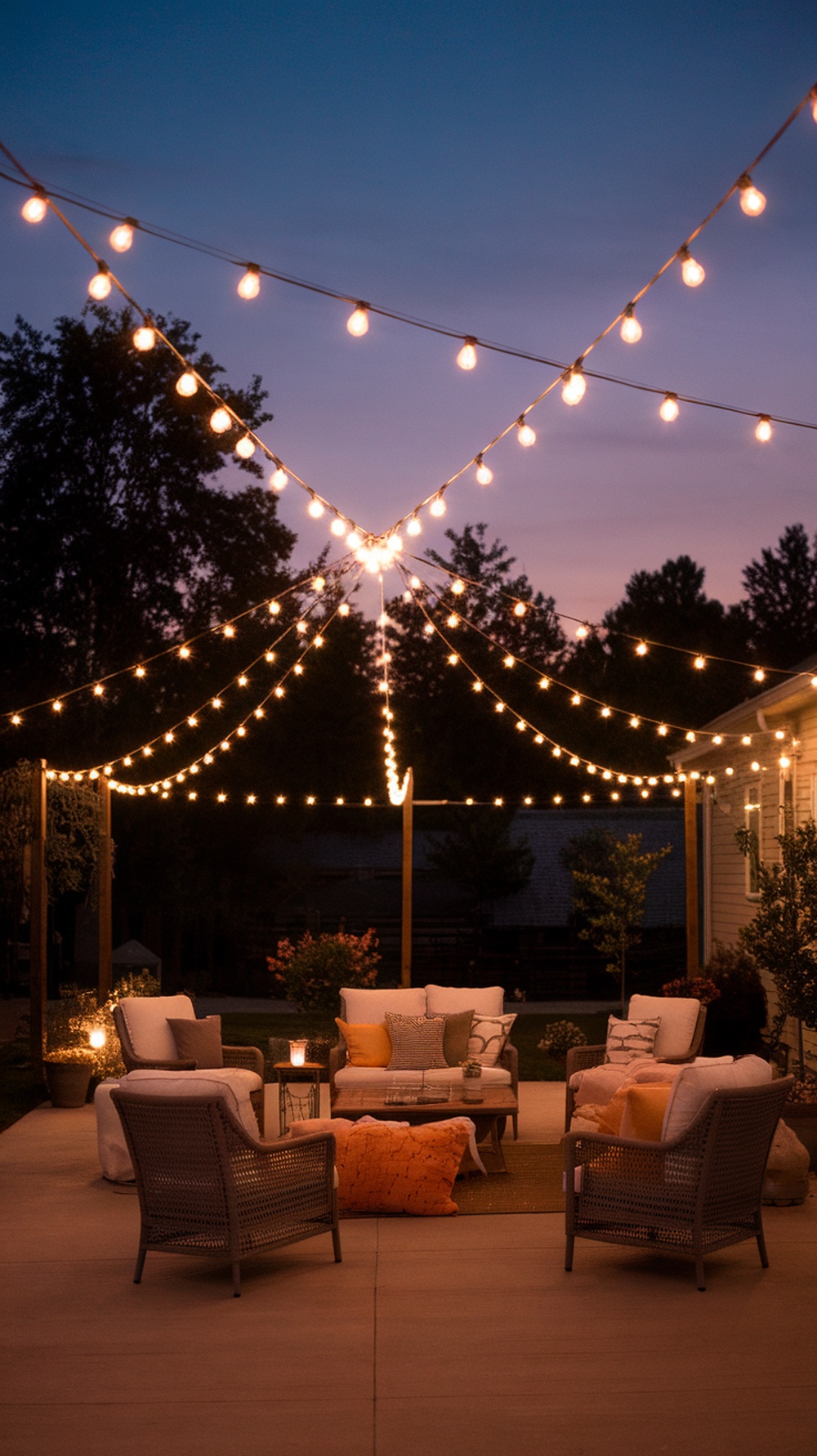 A backyard with a canopy of twinkling string lights over a cozy seating area