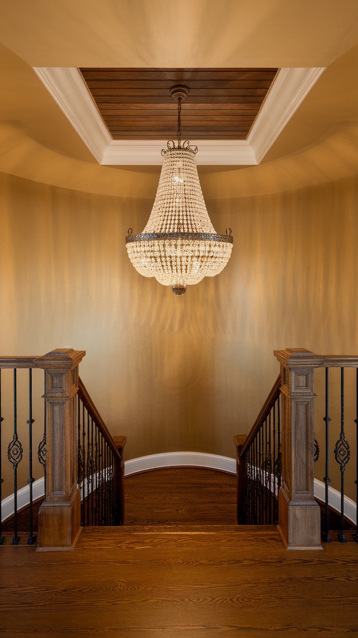 A spiral staircase with an elegant chandelier hanging above.