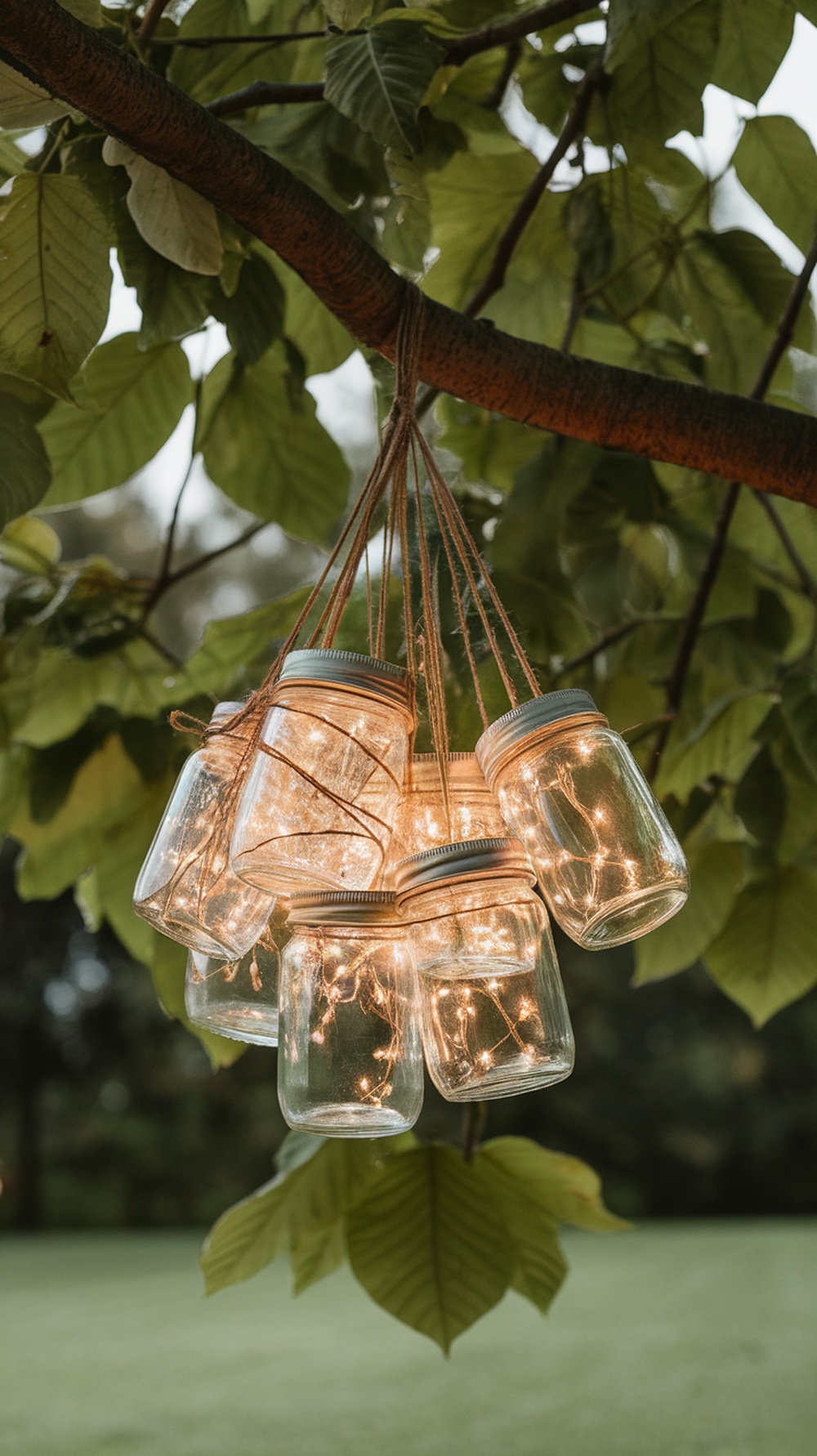Mason jar chandelier hanging from a tree branch with fairy lights glowing inside