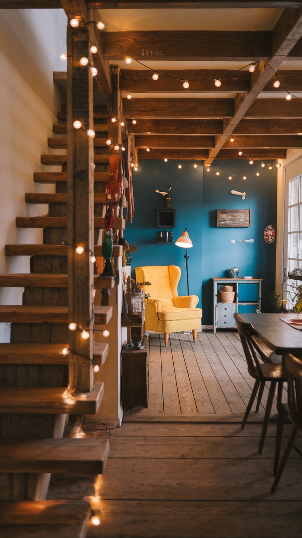 A wooden staircase illuminated with Edison bulb rope lights, featuring a cozy atmosphere.