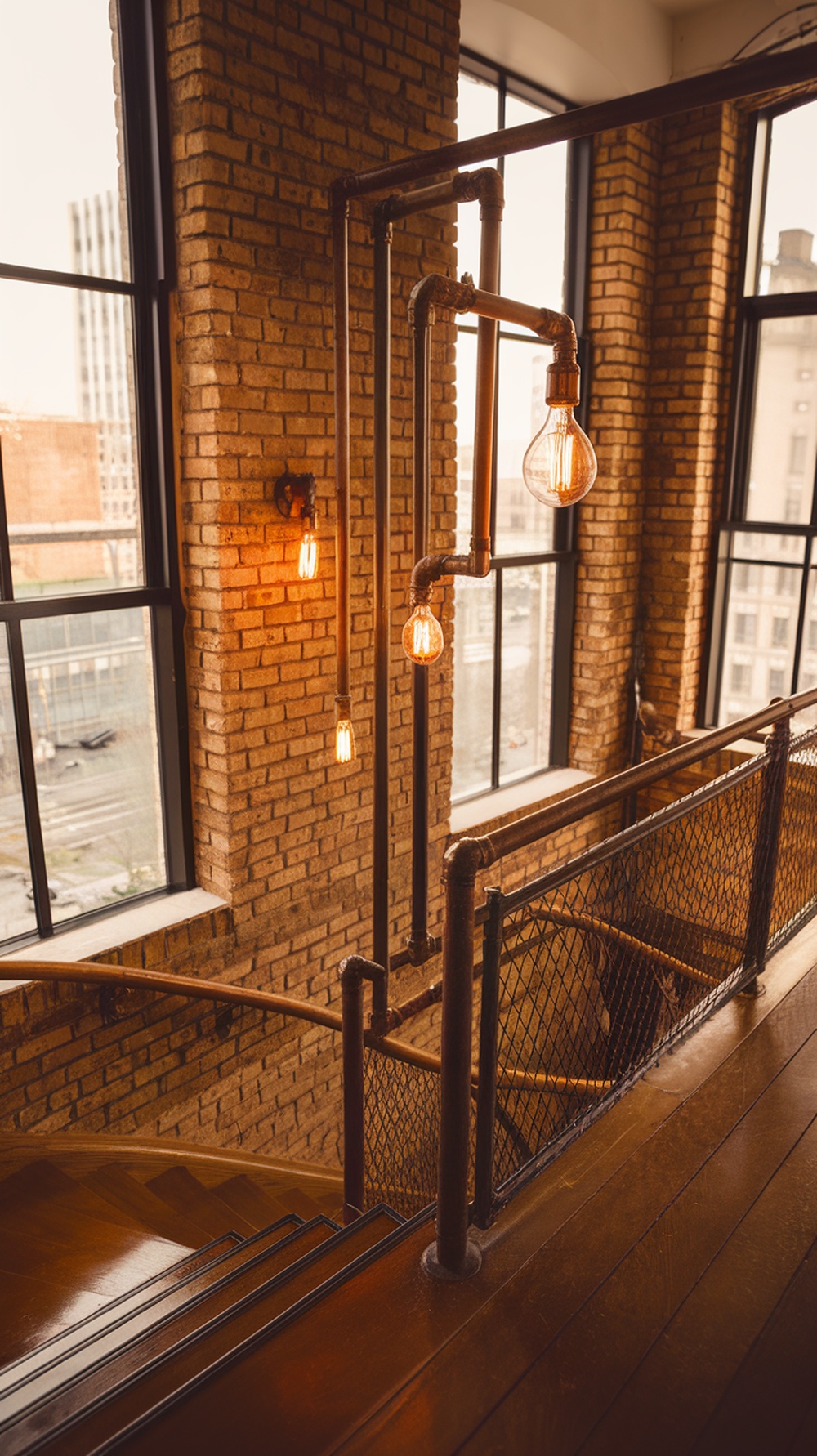 An industrial staircase lighting setup featuring pipe lights with exposed bulbs, illuminating a wooden staircase.