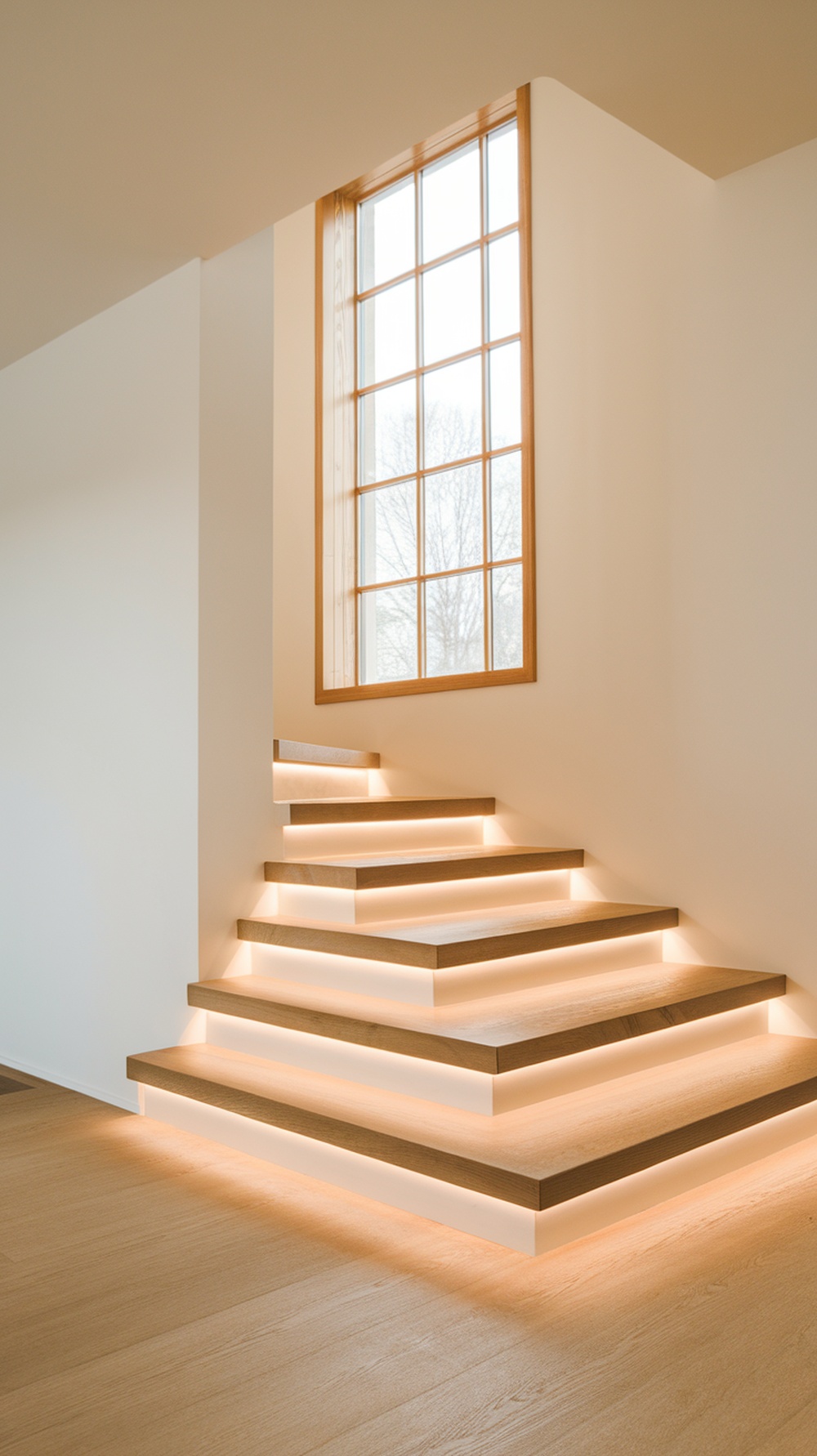 Staircase with LED strip lighting under each tread, illuminated and stylish.
