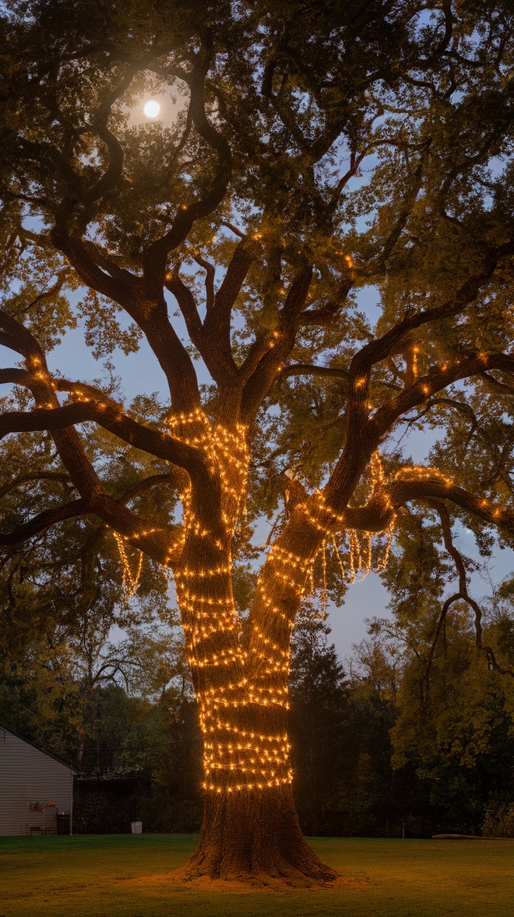 A tree wrapped in warm string lights under a moonlit sky.
