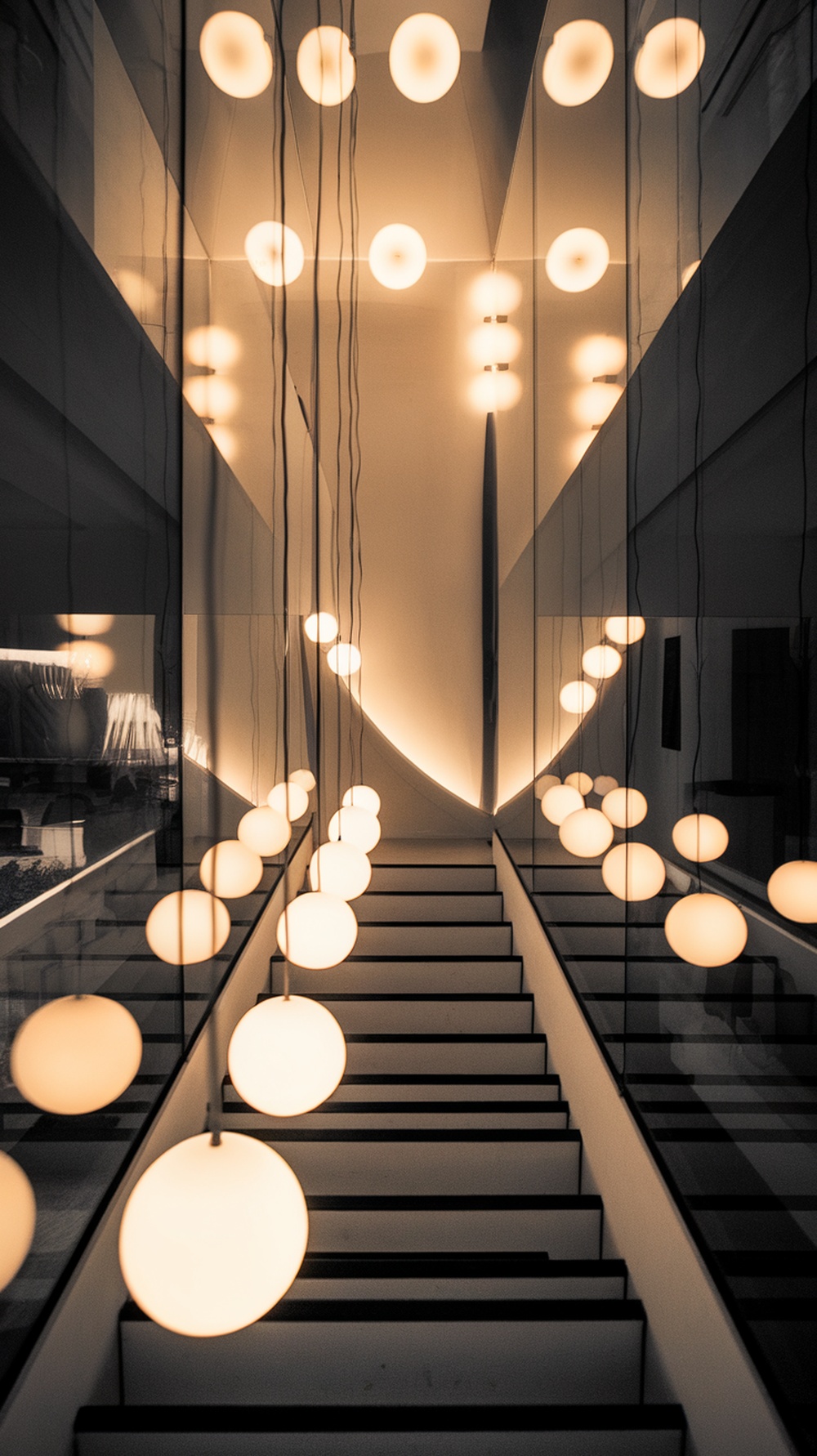 A modern staircase featuring minimalist floating light orbs, creating a stylish and contemporary look.