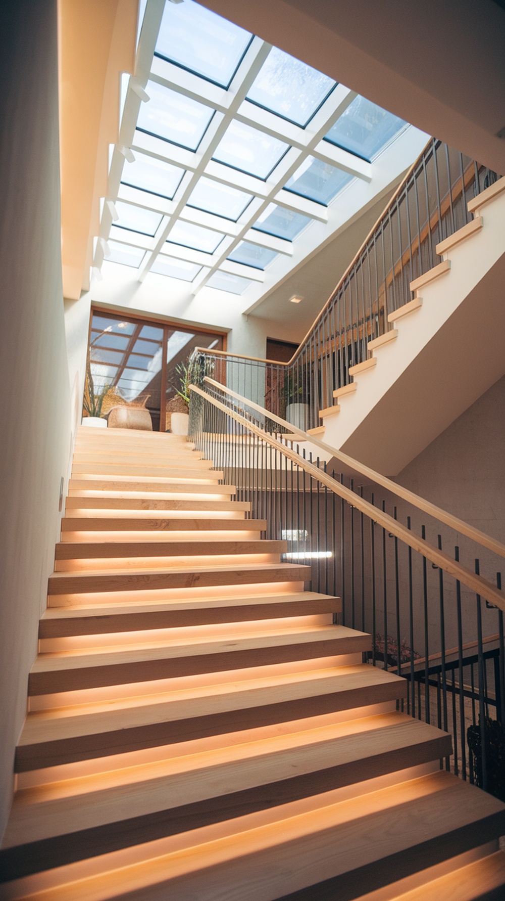 A beautifully lit staircase with a skylight above, featuring modern lighting on the steps.
