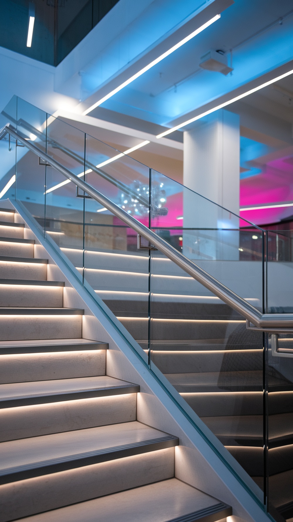Modern staircase with under-railing LED lights illuminating each step.
